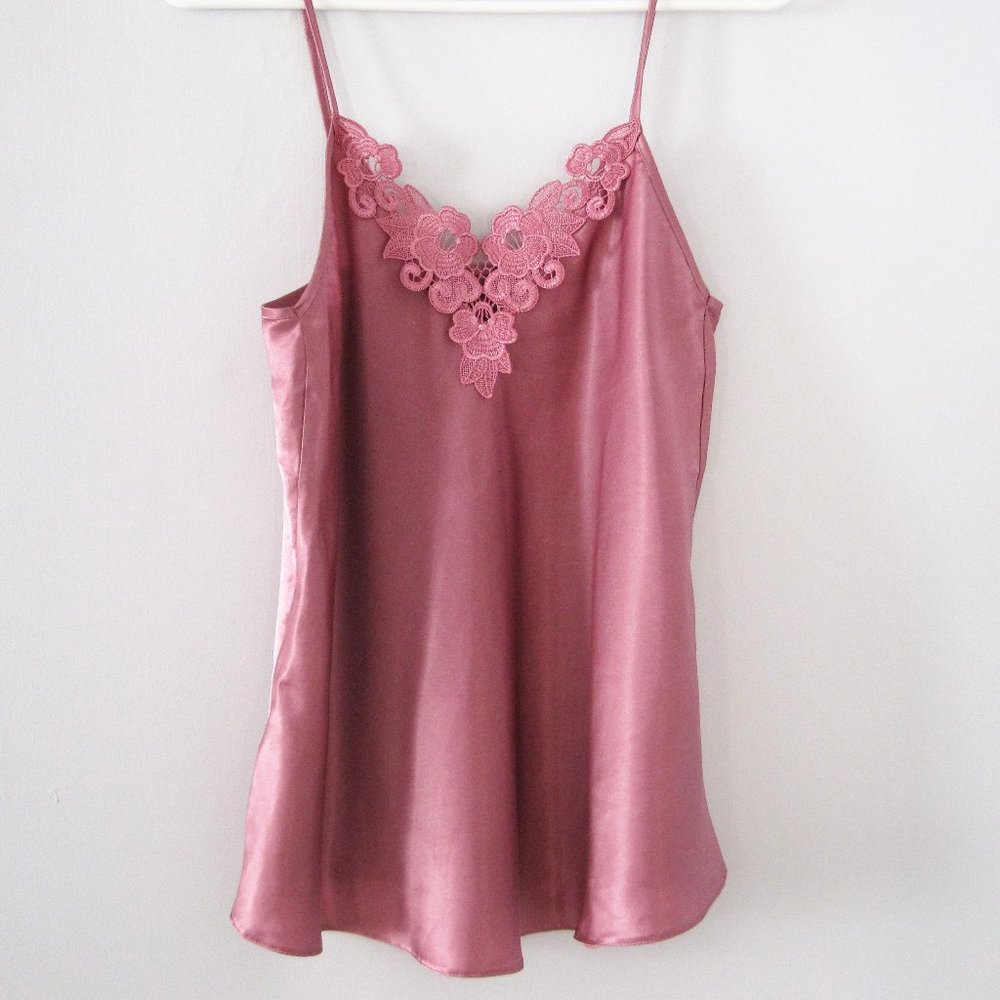 Pink Satin Silky Sleepwear, Women Lingerie Embroidered Chemise & Shorts Set, S